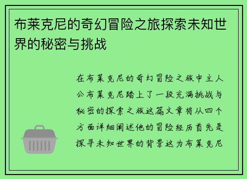 布莱克尼的奇幻冒险之旅探索未知世界的秘密与挑战
